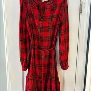 LOFT Red and Green Plaid Long Sleeve Dress